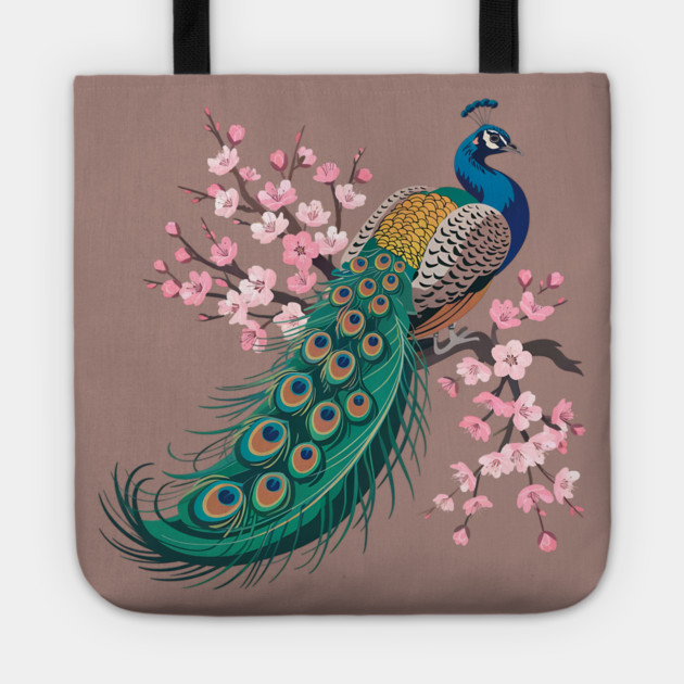 Stylized Peacock with Blossoms and Flowing Feathers Tote by BirdsnStuff