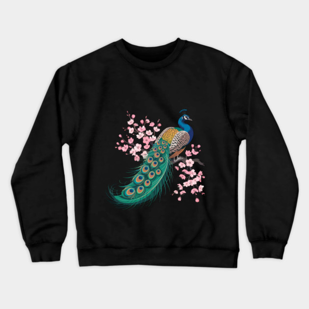 Stylized Peacock with Blossoms and Flowing Feathers Crewneck Sweatshirt by BirdsnStuff