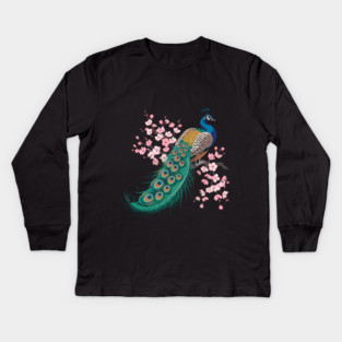 Stylized Peacock with Blossoms and Flowing Feathers Kids Long Sleeve T-Shirt