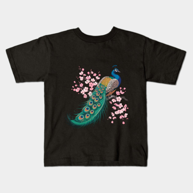 Stylized Peacock with Blossoms and Flowing Feathers Kids T-Shirt by BirdsnStuff