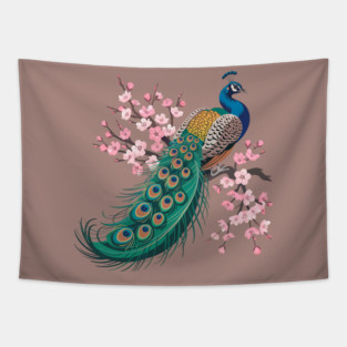 Stylized Peacock with Blossoms and Flowing Feathers Tapestry