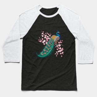 Stylized Peacock with Blossoms and Flowing Feathers Baseball T-Shirt