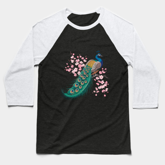 Stylized Peacock with Blossoms and Flowing Feathers Baseball T-Shirt by BirdsnStuff
