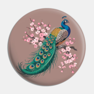 Stylized Peacock with Blossoms and Flowing Feathers Pin