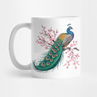 Stylized Peacock with Blossoms and Flowing Feathers Mug