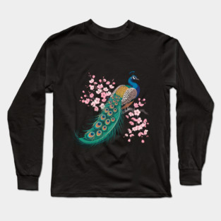Stylized Peacock with Blossoms and Flowing Feathers Long Sleeve T-Shirt