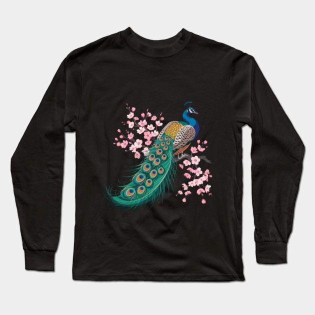 Stylized Peacock with Blossoms and Flowing Feathers Long Sleeve T-Shirt by BirdsnStuff