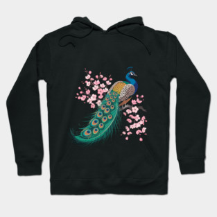 Stylized Peacock with Blossoms and Flowing Feathers Hoodie