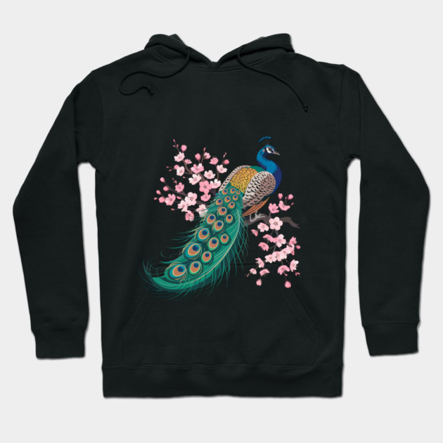Stylized Peacock with Blossoms and Flowing Feathers Hoodie by BirdsnStuff