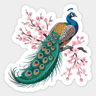 Stylized Peacock with Blossoms and Flowing Feathers Sticker