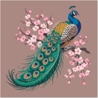 Stylized Peacock with Blossoms and Flowing Feathers Posters and Art