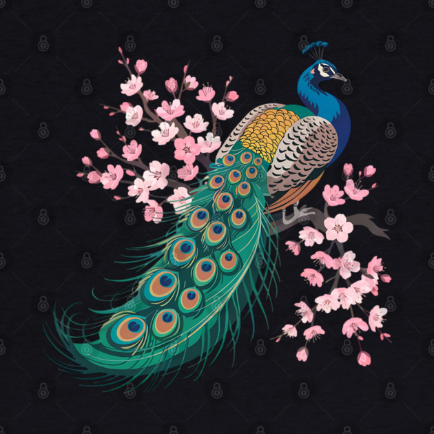 Stylized Peacock with Blossoms and Flowing Feathers by BirdsnStuff