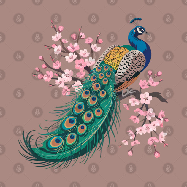 Stylized Peacock with Blossoms and Flowing Feathers by BirdsnStuff
