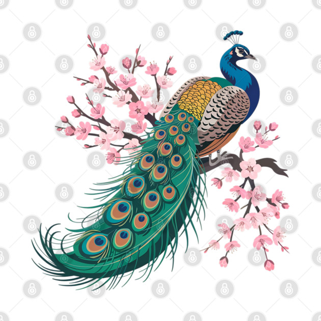 Stylized Peacock with Blossoms and Flowing Feathers by BirdsnStuff