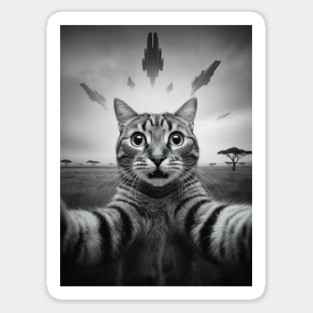 Selfie of Funny Cat And Aliens UFOs in African Savanna #3 Sticker