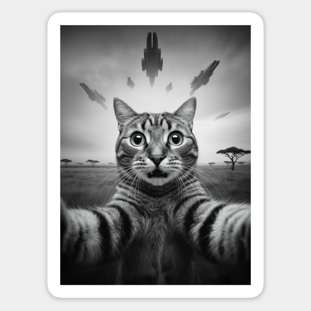 Selfie of Funny Cat And Aliens UFOs in African Savanna #3 Magnet by Megadorim