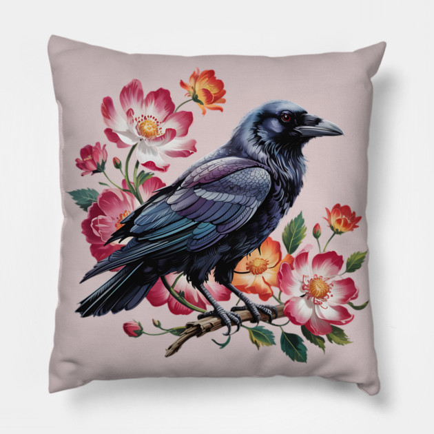 Mystical Raven with Roses and Midnight Feathers Pillow by BirdsnStuff