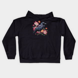 Mystical Raven with Roses and Midnight Feathers Kids Hoodie