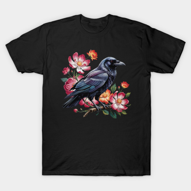 Mystical Raven with Roses and Midnight Feathers T-Shirt by BirdsnStuff