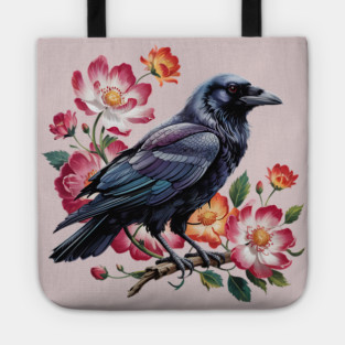 Mystical Raven with Roses and Midnight Feathers Tote