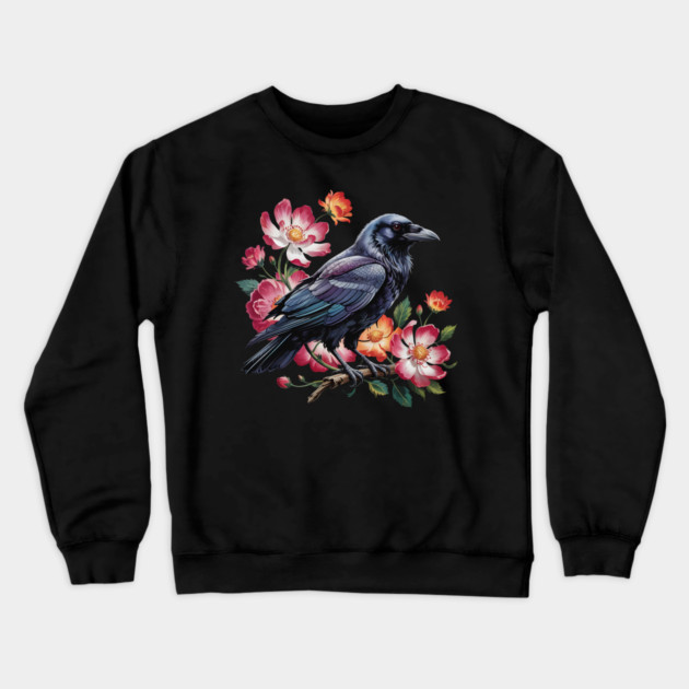 Mystical Raven with Roses and Midnight Feathers Crewneck Sweatshirt by BirdsnStuff