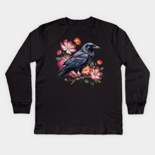 Mystical Raven with Roses and Midnight Feathers Kids Long Sleeve T-Shirt
