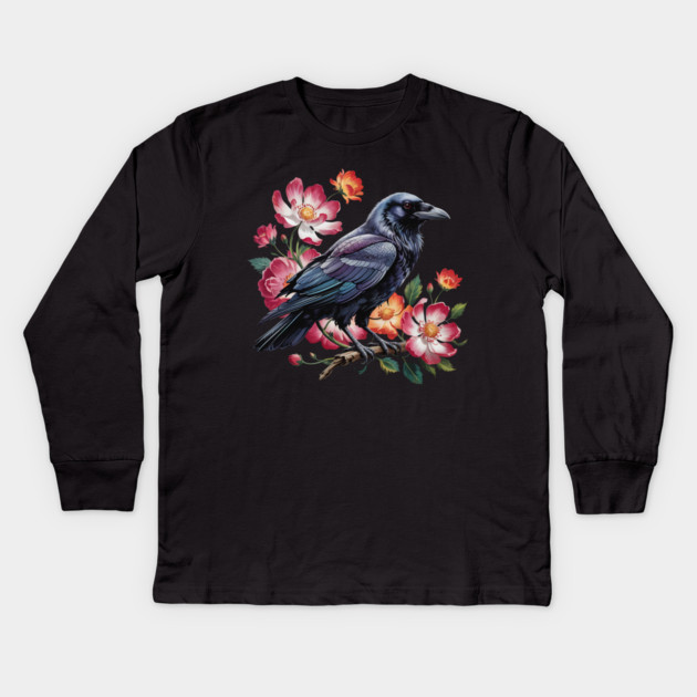 Mystical Raven with Roses and Midnight Feathers Kids Long Sleeve T-Shirt by BirdsnStuff