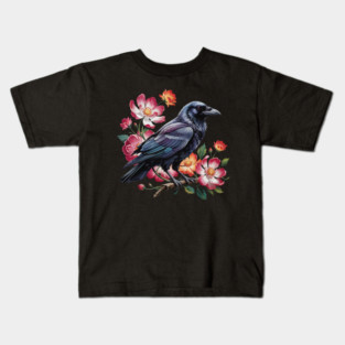 Mystical Raven with Roses and Midnight Feathers Kids T-Shirt