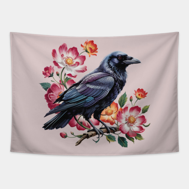 Mystical Raven with Roses and Midnight Feathers Tapestry by BirdsnStuff