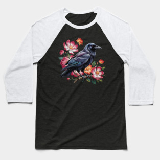 Mystical Raven with Roses and Midnight Feathers Baseball T-Shirt