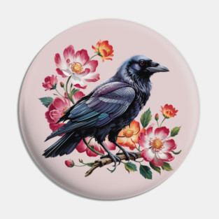 Mystical Raven with Roses and Midnight Feathers Pin