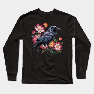 Mystical Raven with Roses and Midnight Feathers Long Sleeve T-Shirt
