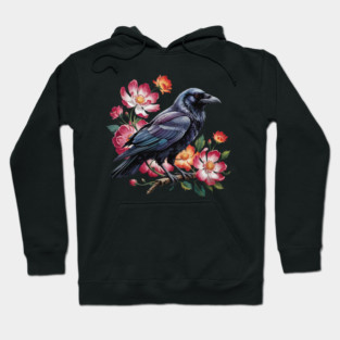 Mystical Raven with Roses and Midnight Feathers Hoodie