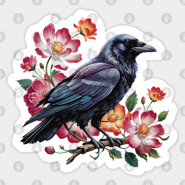 Mystical Raven with Roses and Midnight Feathers Sticker by BirdsnStuff