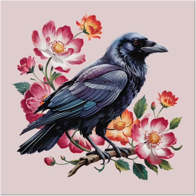 Mystical Raven with Roses and Midnight Feathers Wall Art by BirdsnStuff