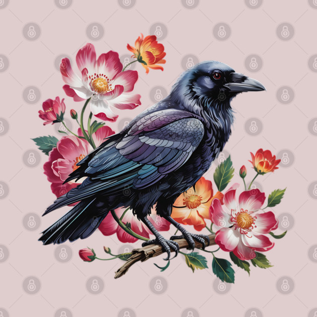 Mystical Raven with Roses and Midnight Feathers by BirdsnStuff
