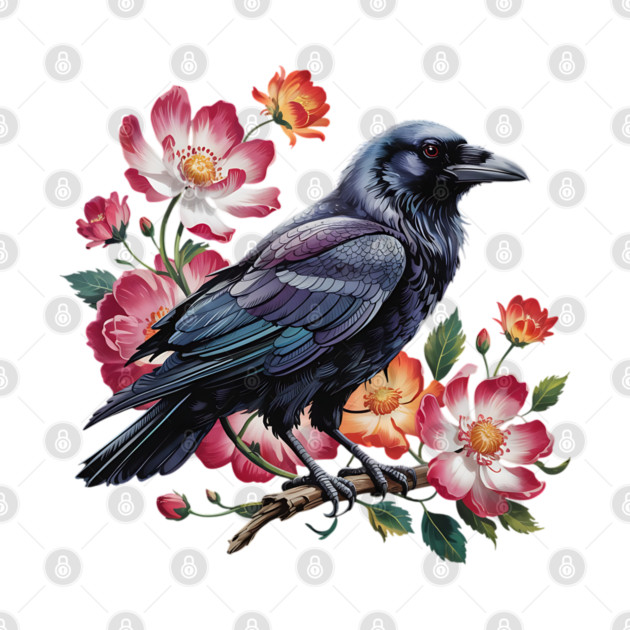 Mystical Raven with Roses and Midnight Feathers by BirdsnStuff