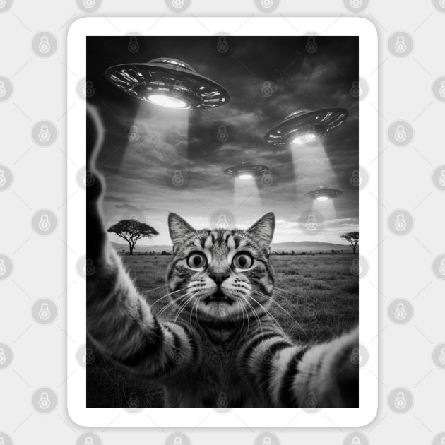 Selfie of Funny Cat And Aliens UFOs in African Savanna #4 Sticker by Megadorim