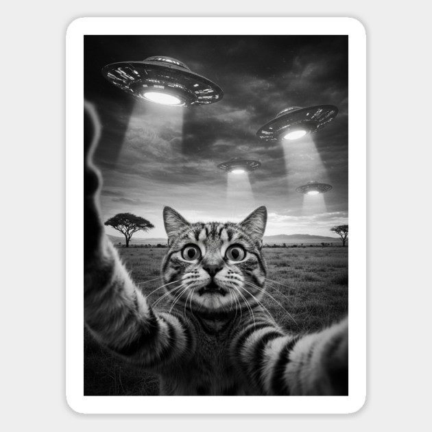 Selfie of Funny Cat And Aliens UFOs in African Savanna #4 Magnet by Megadorim