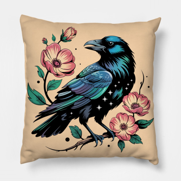Celestial Raven with Starry Feathers and Blossoms Pillow by BirdsnStuff
