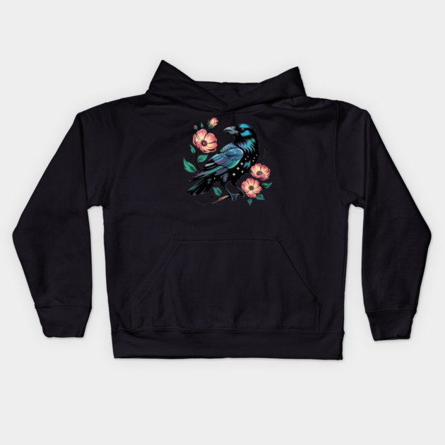 Celestial Raven with Starry Feathers and Blossoms Kids Hoodie by BirdsnStuff