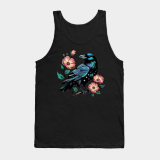 Celestial Raven with Starry Feathers and Blossoms Tank Top