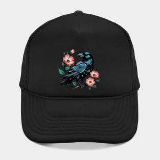 Celestial Raven with Starry Feathers and Blossoms Hat