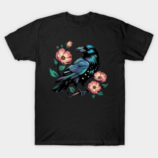 Celestial Raven with Starry Feathers and Blossoms T-Shirt