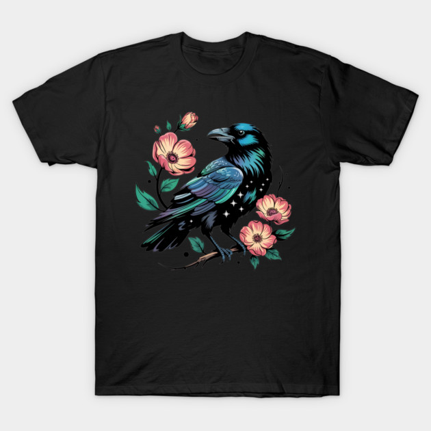 Celestial Raven with Starry Feathers and Blossoms T-Shirt by BirdsnStuff
