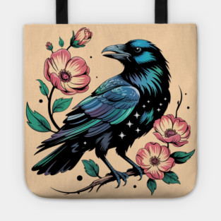 Celestial Raven with Starry Feathers and Blossoms Tote