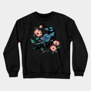Celestial Raven with Starry Feathers and Blossoms Crewneck Sweatshirt