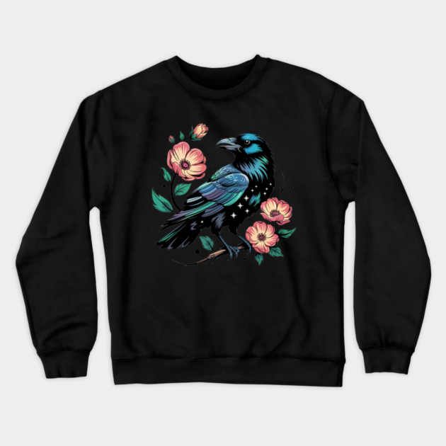 Celestial Raven with Starry Feathers and Blossoms Crewneck Sweatshirt by BirdsnStuff