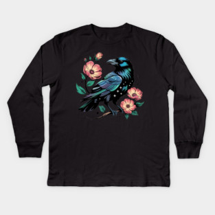 Celestial Raven with Starry Feathers and Blossoms Kids Long Sleeve T-Shirt