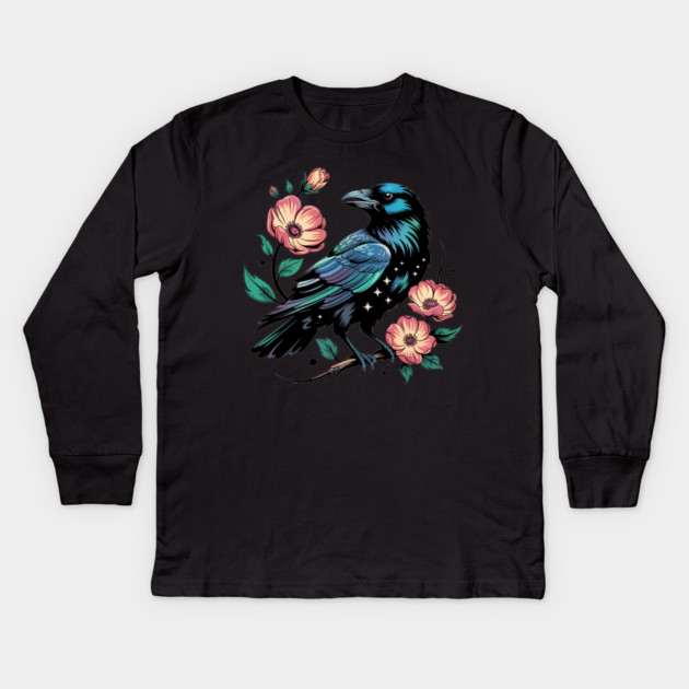 Celestial Raven with Starry Feathers and Blossoms Kids Long Sleeve T-Shirt by BirdsnStuff